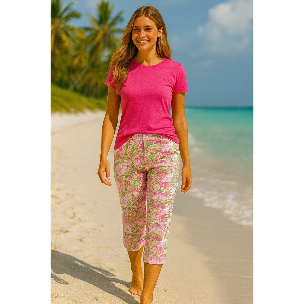 Key West Pink & Green Cropped Pants‎ Women's Size 12 Lion Floral Print Pulitzer